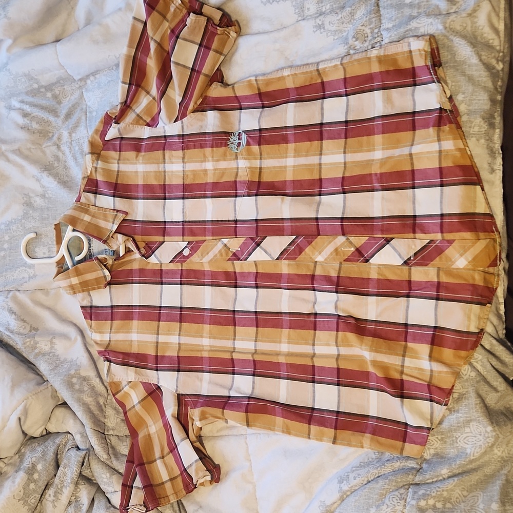 Timberland Tan & Red Flannel Button Down Short Sleeve Dress Shirt Vintage Y2K